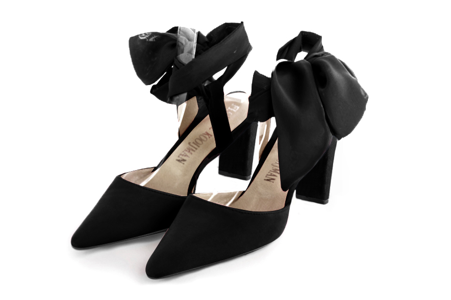 Matt black women's open back shoes, with an ankle scarf. Tapered toe. Medium comma heels. Front view - Florence KOOIJMAN